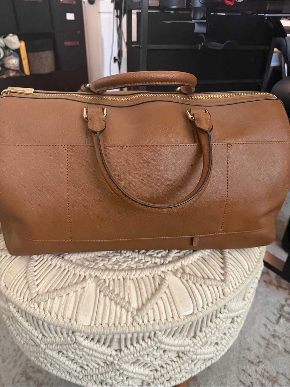 Michael Kors Brown Leather Duffel with Gold Hardware